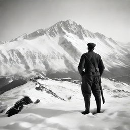 A World War 1 Italian soldier in uniform standing on a hill, staring at a snowy mountain range where an Austro-Hungarian military base is peeking out of the mountains