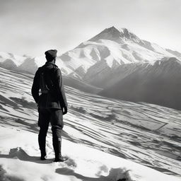 A World War 1 Italian soldier in uniform standing on a hill, staring at a snowy mountain range where an Austro-Hungarian military base is peeking out of the mountains