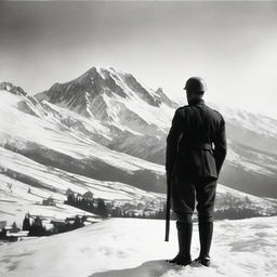 A World War 1 Italian soldier in uniform standing on a hill, staring at a snowy mountain range where an Austro-Hungarian military base is peeking out of the mountains