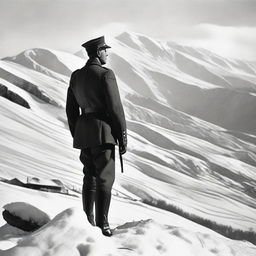 A World War 1 Italian soldier in uniform standing on a hill, staring at a snowy mountain range where an Austro-Hungarian military base is peeking out of the mountains