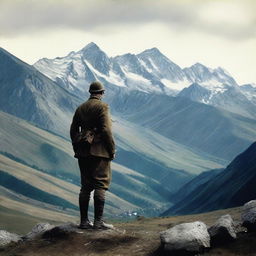 A World War 1 Italian soldier in uniform standing on a hill, staring at a rugged, rocky mountain range