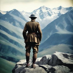 A World War 1 Italian soldier in uniform standing on a hill, staring at a rugged, rocky mountain range