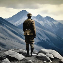 A World War 1 Italian soldier in uniform standing on a hill, staring at a rugged, rocky mountain range