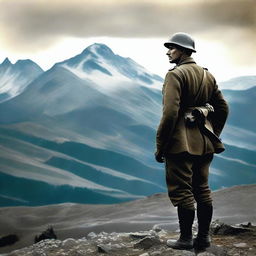 A World War 1 Italian soldier in uniform standing on a hill, staring at a rugged, rocky mountain range