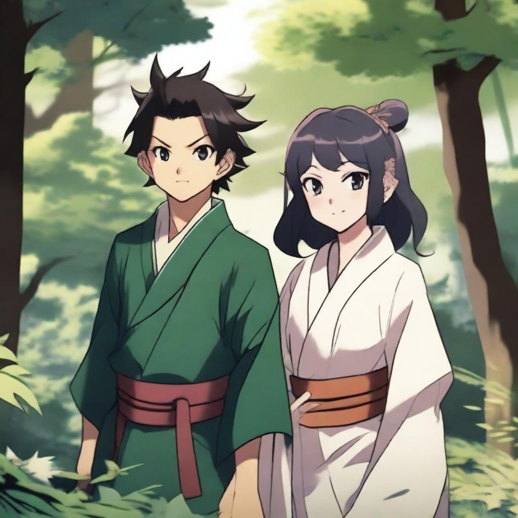 A detailed illustration of Kny characters Shinobu and Kanao standing together in a serene forest background