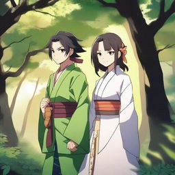 A detailed illustration of Kny characters Shinobu and Kanao standing together in a serene forest background