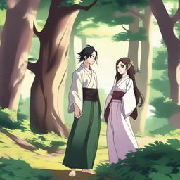 A detailed illustration of Kny characters Shinobu and Kanao standing together in a serene forest background