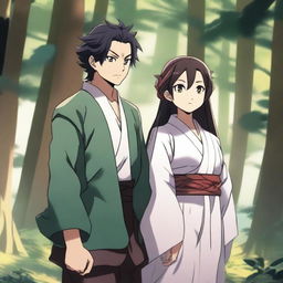 A detailed illustration of Kny characters Shinobu and Kanao standing together in a serene forest background