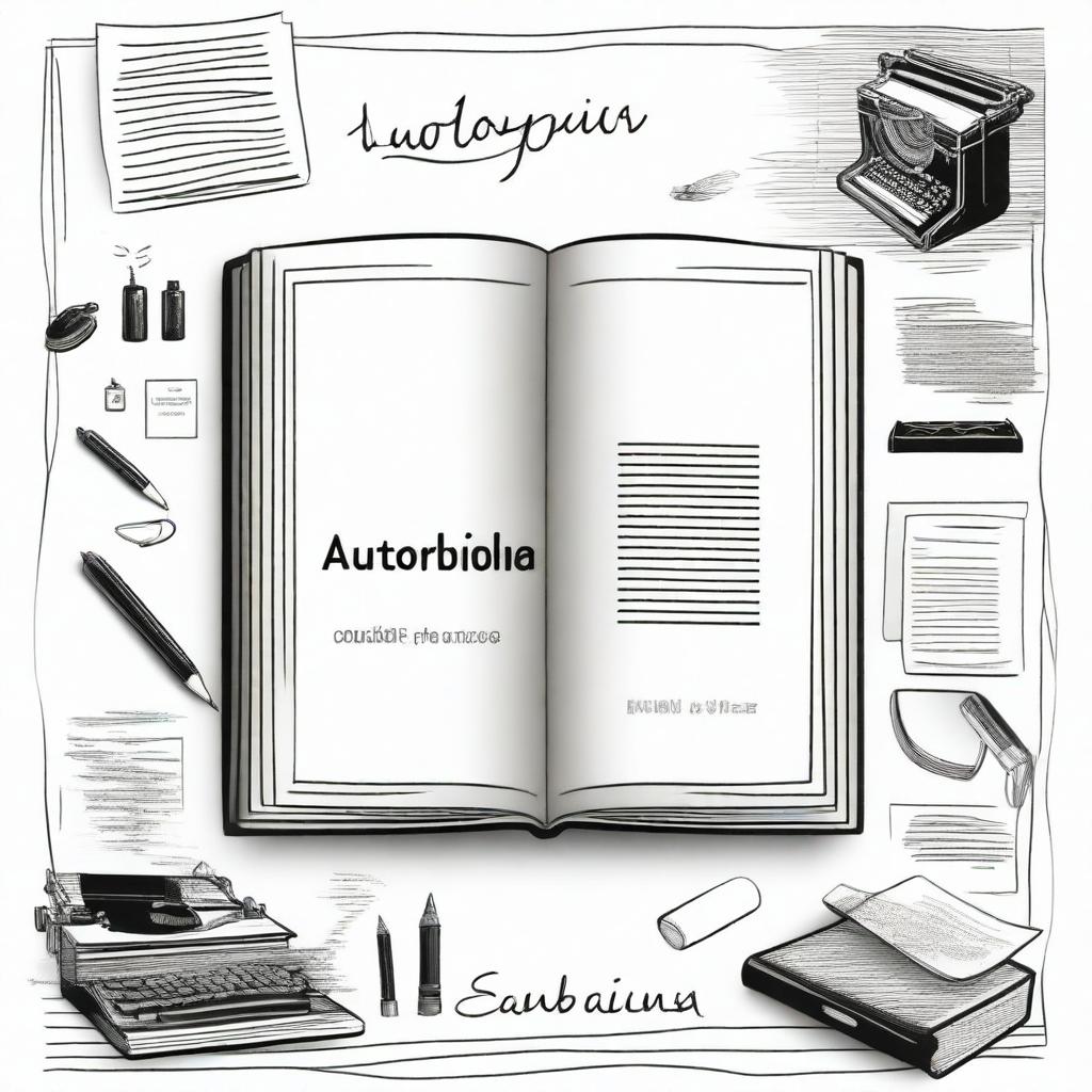 A rectangular design with the word 'Autobiografías' written in elegant lettering, accompanied by black and white drawings