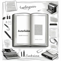 A rectangular design with the word 'Autobiografías' written in elegant lettering, accompanied by black and white drawings