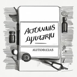 A rectangular design with the word 'Autobiografías' written in elegant lettering, accompanied by black and white drawings