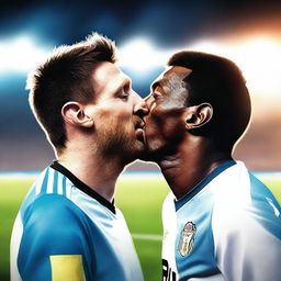 Lionel Messi kissing Pelé on the lips in a surreal, dream-like setting