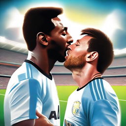 Lionel Messi kissing Pelé on the lips in a surreal, dream-like setting