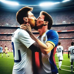 Lionel Messi kissing Pelé on the lips in a surreal, dream-like setting