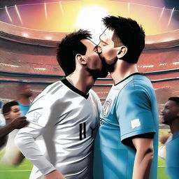 Lionel Messi kissing Pelé on the lips in a surreal, dream-like setting