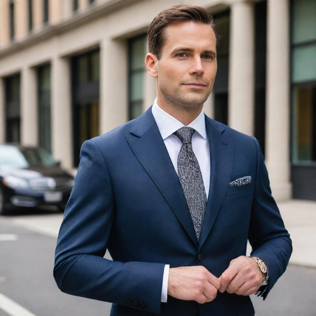 An image of a well-dressed individual in a stylish and professional corporate attire complemented with refined accessories