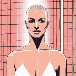 A digital illustration of Britney Spears with a shaved head standing in a shower