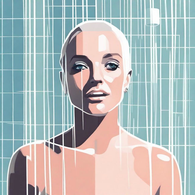 A digital illustration of Britney Spears with a shaved head standing in a shower