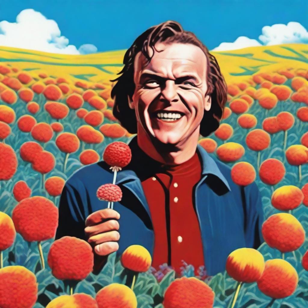 Jack Torrance from The Shining holding a lollypop while standing in a colorful flower field under a bright blue sky