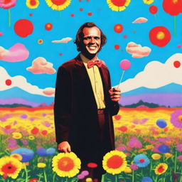 Jack Torrance from The Shining holding a lollypop while standing in a colorful flower field under a bright blue sky