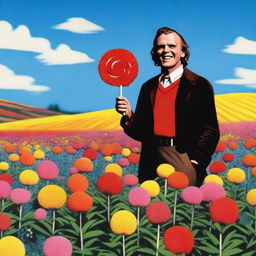 Jack Torrance from The Shining holding a lollypop while standing in a colorful flower field under a bright blue sky