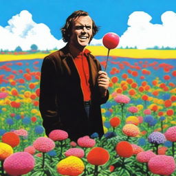 Jack Torrance from The Shining holding a lollypop while standing in a colorful flower field under a bright blue sky