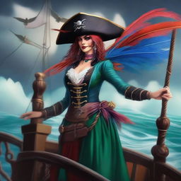 A fierce pirate birdwoman standing on the deck of a pirate ship