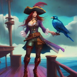 A fierce pirate birdwoman standing on the deck of a pirate ship