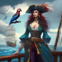 A fierce pirate birdwoman standing on the deck of a pirate ship