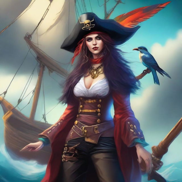 A fierce pirate birdwoman standing on the deck of a pirate ship