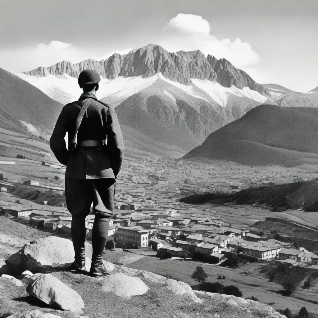 A World War 1 Italian soldier in uniform standing on a hill, staring at a rugged, rocky mountain range with a small mountain town nestled among the peaks