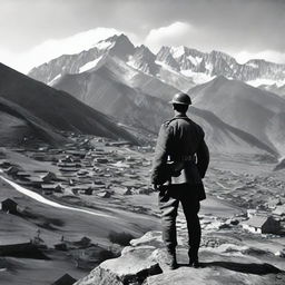 A World War 1 Italian soldier in uniform standing on a hill, staring at a rugged, rocky mountain range with a small mountain town nestled among the peaks