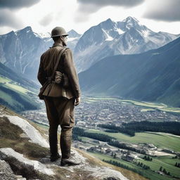 A World War 1 Italian soldier in uniform standing on a hill, staring at a rugged, rocky mountain range with a small mountain town nestled among the peaks