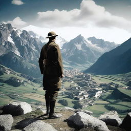 A World War 1 Italian soldier in uniform standing on a hill, staring at a rugged, rocky mountain range with a small mountain town nestled among the peaks