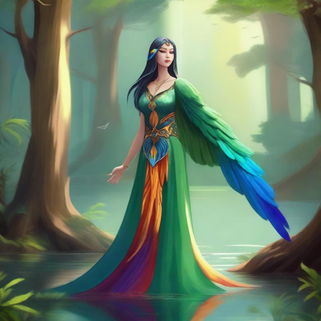 A majestic birdwoman standing in a serene forest