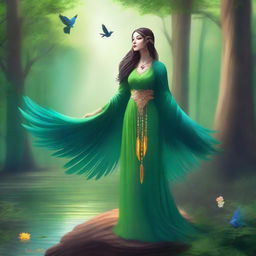 A majestic birdwoman standing in a serene forest