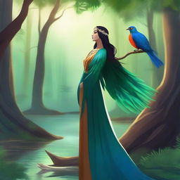 A majestic birdwoman standing in a serene forest