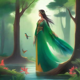 A majestic birdwoman standing in a serene forest