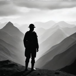 A black and white silhouette of a World War 1 Italian soldier in uniform, looking over a mountain range