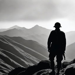 A black and white silhouette of a World War 1 Italian soldier in uniform, looking over a mountain range