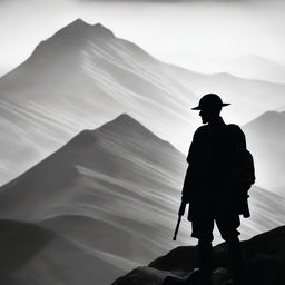 A black and white silhouette of a World War 1 Italian soldier in uniform, looking over a mountain range