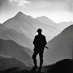 A black and white silhouette of a World War 1 Italian soldier in uniform, looking over a mountain range