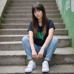 casual photograpy medium body, hip hop style clothes, sneakers, female , 23 year old with green eyes and black long hai with withe streaks in the bangs .,freckles, selfo, graffiti background stairs, medium distance shot, 4k hd,  --styerw--v 5.2 ar 2-3