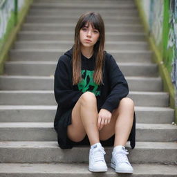 casual photograpy medium body, hip hop style clothes, sneakers, female , 23 year old with green eyes and black long hai with withe streaks in the bangs .,freckles, selfo, graffiti background stairs, medium distance shot, 4k hd,  --styerw--v 5.2 ar 2-3