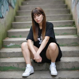 casual photograpy medium body, hip hop style clothes, sneakers, female , 23 year old with green eyes and black long hai with withe streaks in the bangs .,freckles, selfo, graffiti background stairs, medium distance shot, 4k hd,  --styerw--v 5.2 ar 2-3