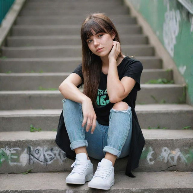 casual photograpy medium body, hip hop style clothes, sneakers, female , 23 year old with green eyes and black long hai with withe streaks in the bangs .,freckles, selfo, graffiti background stairs, medium distance shot, 4k hd,  --styerw--v 5.2 ar 2-3