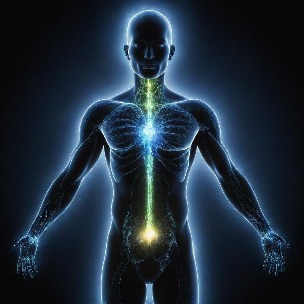 An illuminated human figure, with energy waves glowing around and through the body representing Dark Matter energy.