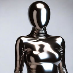 A person wearing a sleek, glossy latex catsuit