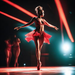 A person performing a dance routine on a stage, wearing a revealing outfit typically associated with striptease performances