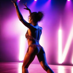 A person performing a dance routine on a stage, wearing a revealing outfit typically associated with striptease performances